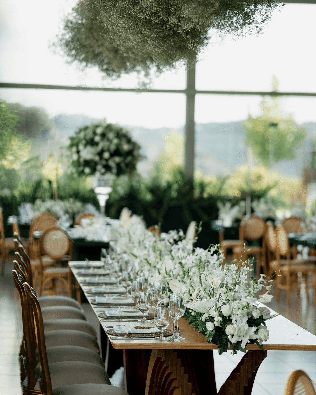 A long reception table lined with white flowers beneath a hanging floral canopy