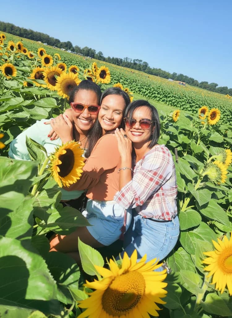 Three women smiling together in a field of sunflowers