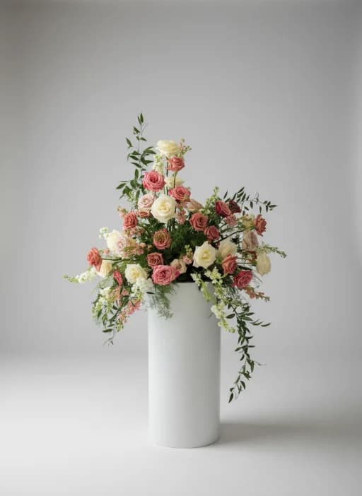 Coral and cream roses with trailing greenery on a white pedestal