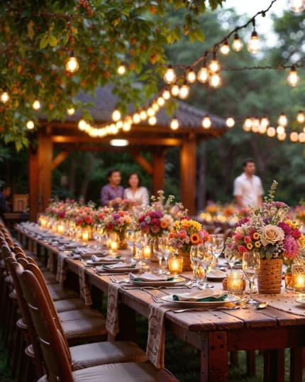 A long candlelit table with bud vases under strings of lights