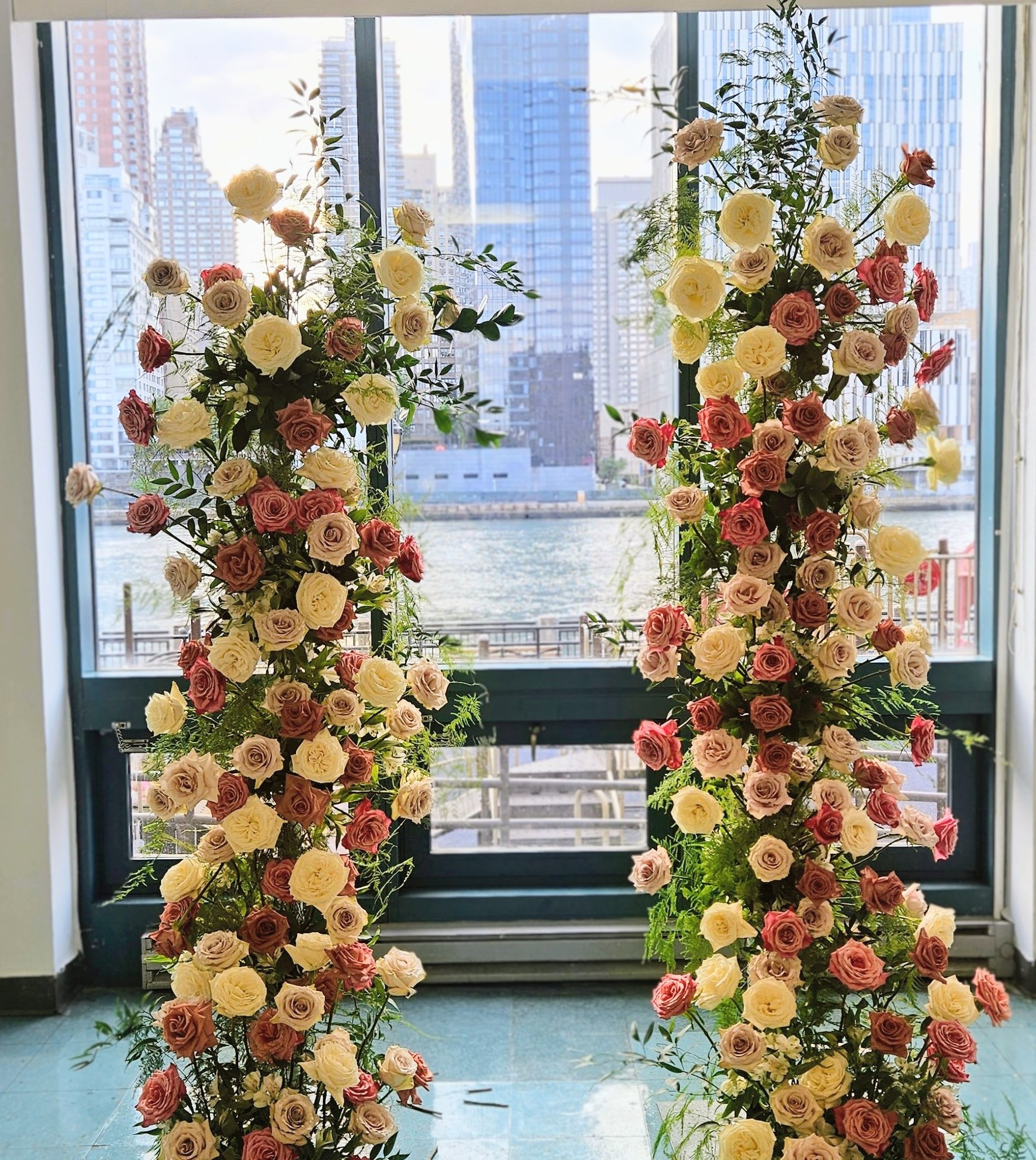 Floral pillars overlooking the East River, New York
